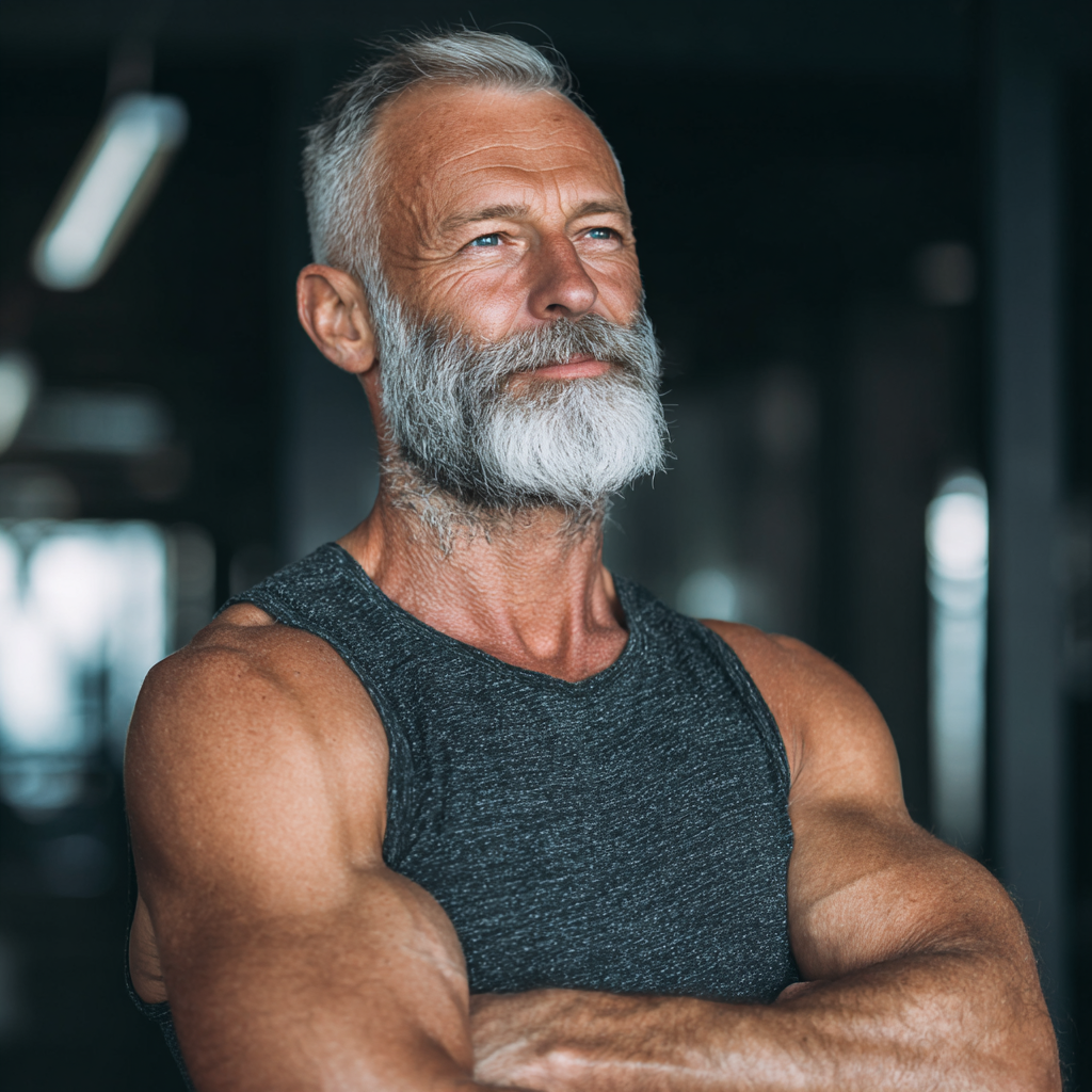 Confident mature man after workout at frutasko gym