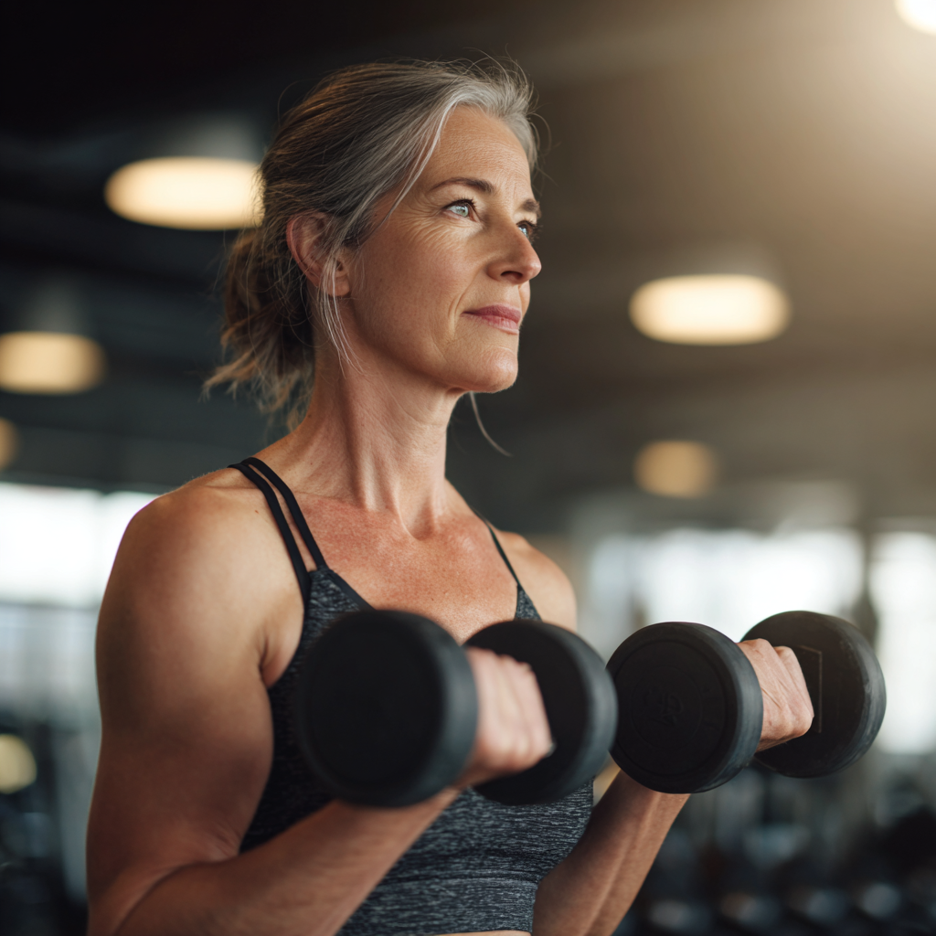 Middle-aged woman exercising with weights in modern gym